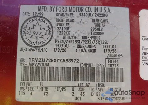 2000 Ford Explorer Xls from USA, damaged, VIN 1FMZU72EXYZA98972